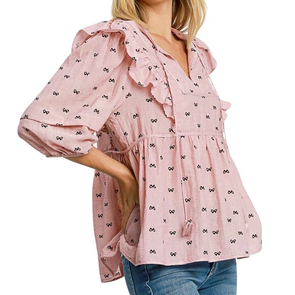 Pink Blouse with Black Bow Detailing Tie Neck Workwear Top Blouse - Picture 2 of 3